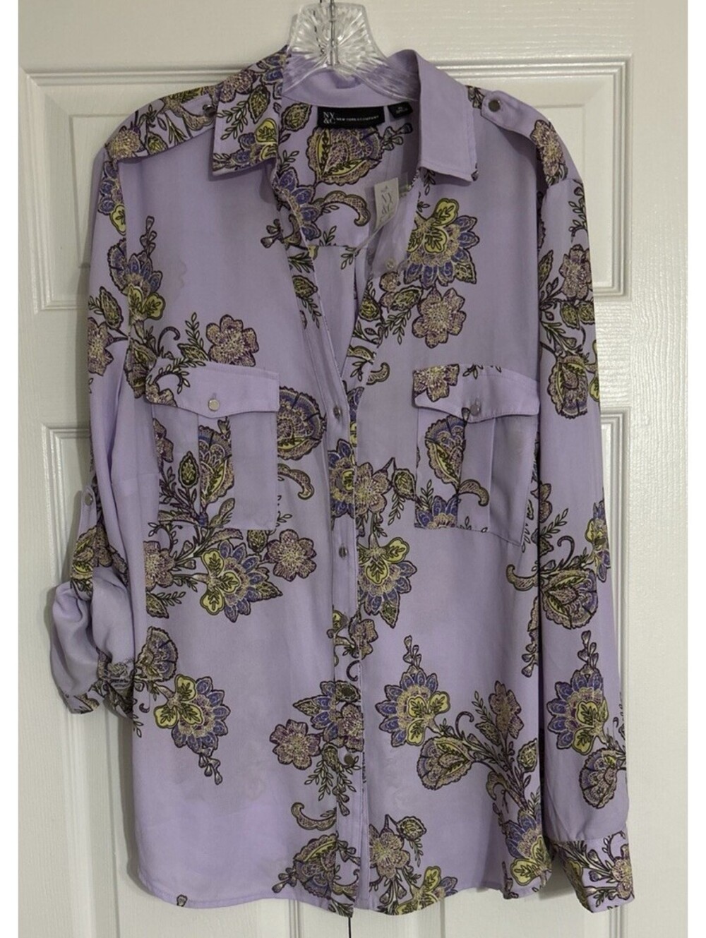 NWT New York & Co Purple Lightweight Floral Long Sleeve Top Women's XL